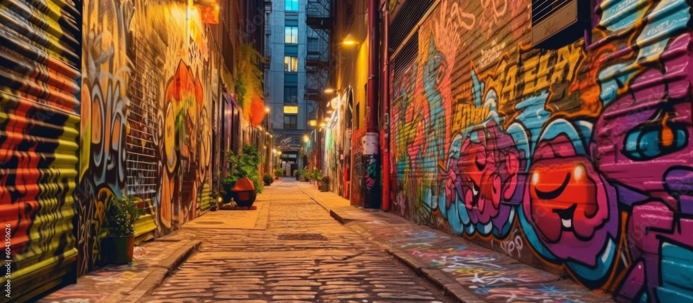 An urban streetscape spraypainted with graffiti. Inner city environment. Grungy alley. Generative AI.