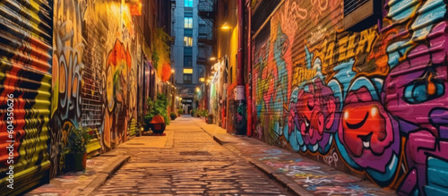 An urban streetscape spraypainted with graffiti. Inner city environment. Grungy alley. Generative AI. © Delta Amphule