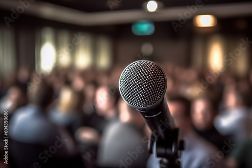 A Microphone in Front of a Conference Seminar Audience. created with Generative AI