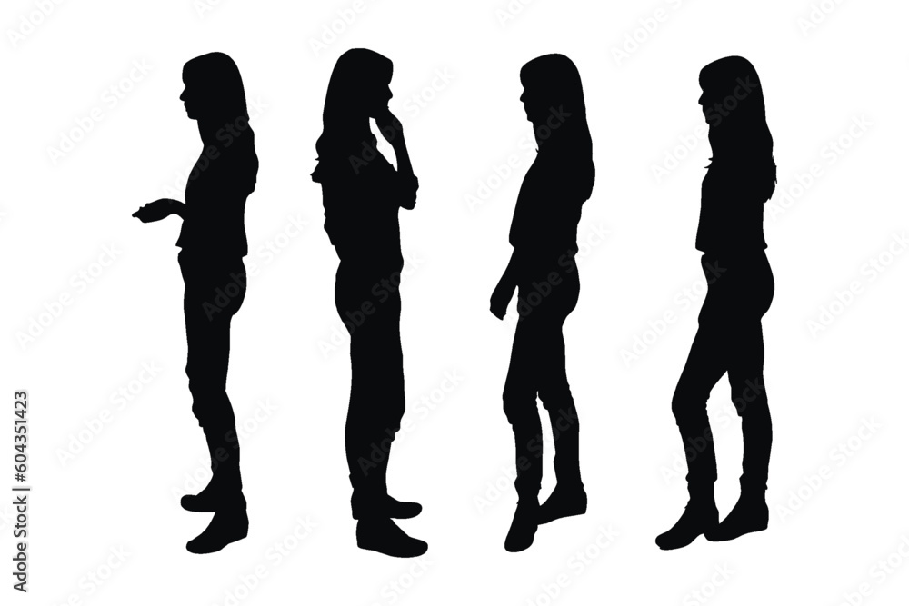 Female model standing in different position silhouette set vector. Woman actor silhouette bundle on a white background. Girl fashion models with anonymous faces, and full-body silhouettes.