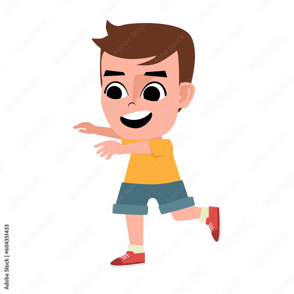 Cartoon Illustration of Happy Young Kid Wearing Yellow Shirt Running Around