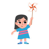 Cartoon Illustration of Happy Young Girl Wearing Blue Shirt Playing Paper Pinwheel