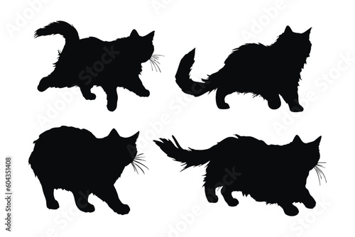 Cute home cat vector design on a white background. Cute cat walking silhouette bundle design. Feline standing silhouette set vector. Cat standing in different positions silhouette collection.