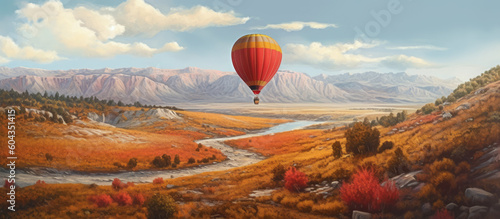 Hot air balloon flying over a serene and tranquil landscape. Generative AI