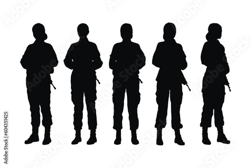 Female soldiers standing in different position silhouette set vector. Woman infantry silhouette bundle on a white background. Girl soldier with anonymous faces, full body silhouette vector.