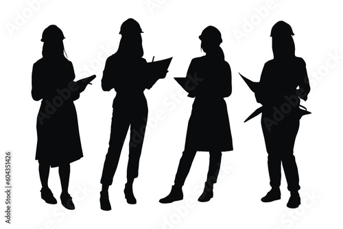 Female architect standing in different position silhouette set vector. Woman architecture silhouette bundle on a white background. Girl construction worker with anonymous faces, full body silhouette.