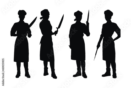 Girl pirates with anonymous faces, and full-body silhouettes. Female butchers in different position silhouette with butcher knives. Woman pirates with swords silhouette bundle on a white background.