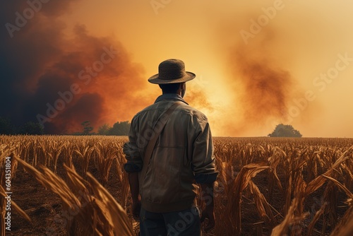 Farmer looking in the wheat field at fire, a view from the back. Generative AI