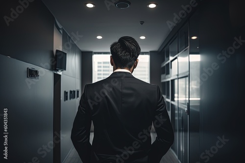 Man in suit look at the office for startup, rear view on the head of the man. Corporate employee in business agency for management, expert and director. Generative AI