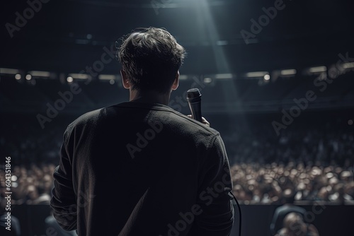 Man with microphone on public stage view from behind. Generative AI