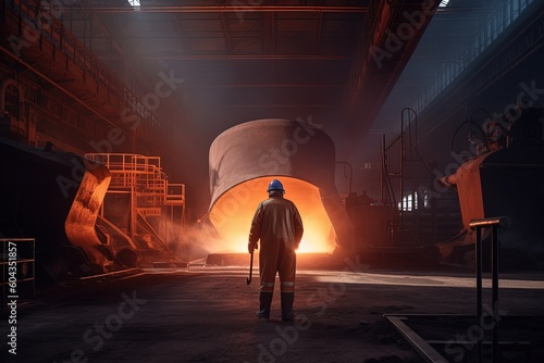 Steelmaker stand and look at the ingot casting  rear view on the head of the Steelmaker is wearing a protective workwear  Electric arc furnace shop EAF. Metallurgy. Generative AI