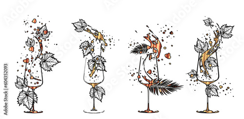 Wine Designs - Collection of wine glasses and bottles. Hand drawn elements for invitation cards, advertising banners, menus in gold style. Wine glasses with splashing wine. Sketch vector illustration