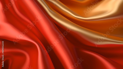 Satin texture red and gold fabric background illustration, silk backdrop generative ai