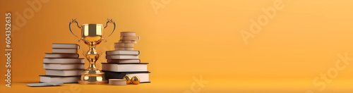 Stack of books with golden cup trophy and medal. Academic and school knowledge, business education and graduation, Place for your text, copy space, empty space, Generative, AI
