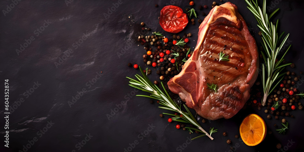 T-bone grilled beef steak with spices and herbs. Top view flat lay with copy space, Generative AI