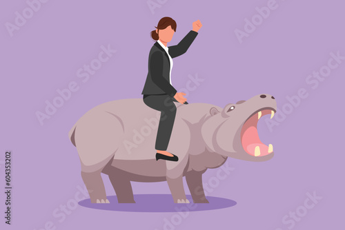 Graphic flat design drawing businesswoman riding hippopotamus symbol of success. Business metaphor  looking goal  achievement  leadership. Professional entrepreneur. Cartoon style vector illustration