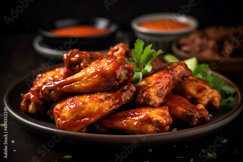 spicy chicken wings with celery and dipping sauce. generative AI