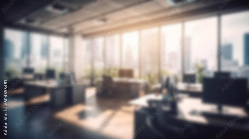 Blurred workplace with cityscape, office in the evening, interior for AI generated business presentation background