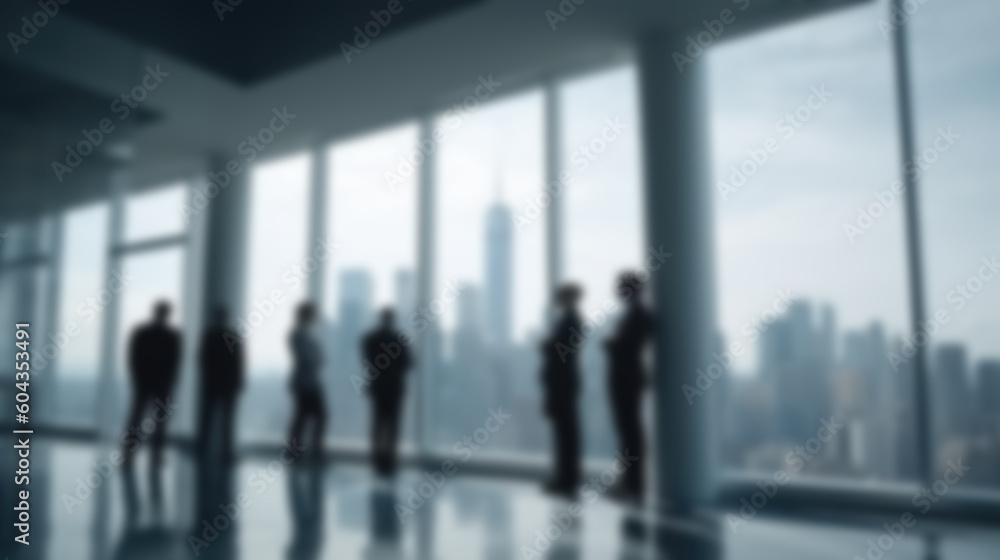 Blurred image of a group of people managers negotiating in an office with a wide view of a spacious room with large windows, generated by AI