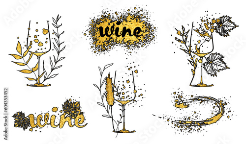 Wine Designs - Collection of wine glasses and bottles. Hand drawn elements for invitation cards, advertising banners and menus. Wine glasses with splashing wine. Sketch vector illustration.