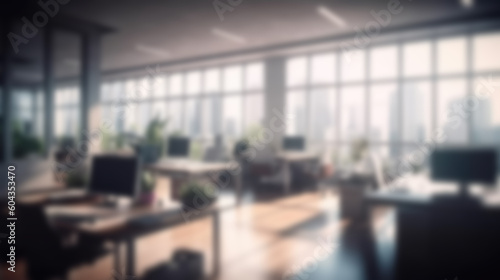 Blurred workplace with cityscape  office in the evening  interior for AI generated business presentation background