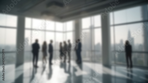 Blurred image of a group of people managers negotiating in an office with a wide view of a spacious room with large windows, generated by AI