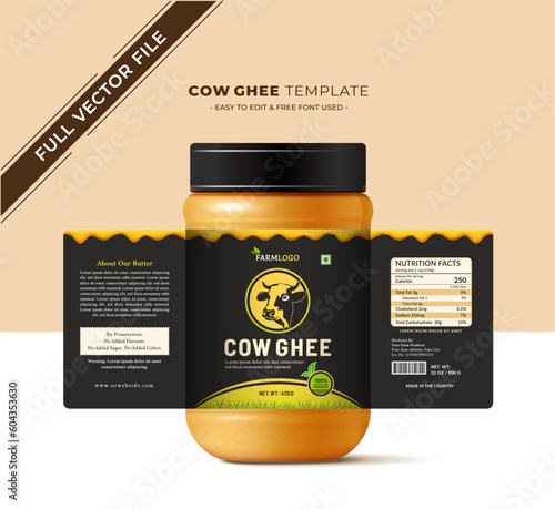 Cow ghee label and design, butter and milk cream farm fresh dairy product and sticker, health bottle glass jar sweet modern and creative print natural design.