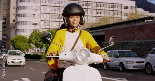 Travel, happy and woman on scooter in city for commute, transportation and journey. Road trip, freedom and safety with hemet on female driver, riding on motorbike in street in urban traffic on moped