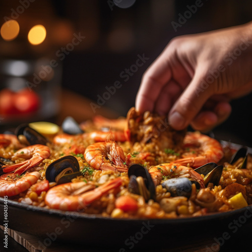 Waiter with a plate of Spanish paella. Generative AI.