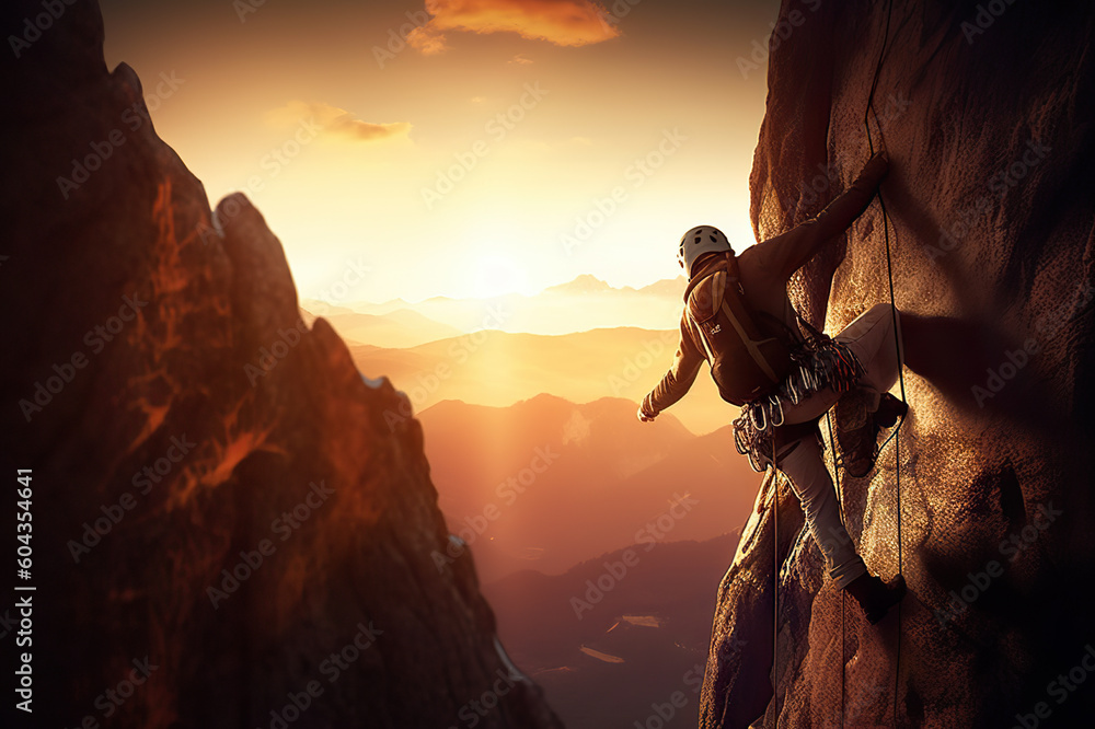 Determined Man Climbing the Mountain's Peak Against the Setting Sun, created with Generative AI