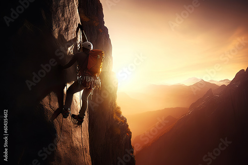 Determined Man Climbing the Mountain's Peak Against the Setting Sun, created with Generative AI