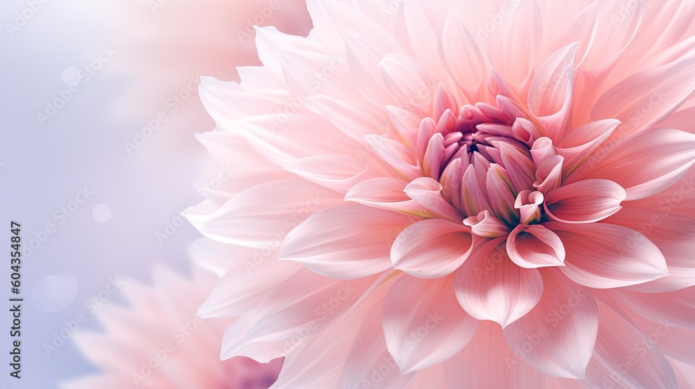  Dahlia in pale pink background, close-up of dahlia bloom, blurred focus. Luxury dreamy background. Generative AI. - obrazy, fototapety, plakaty 