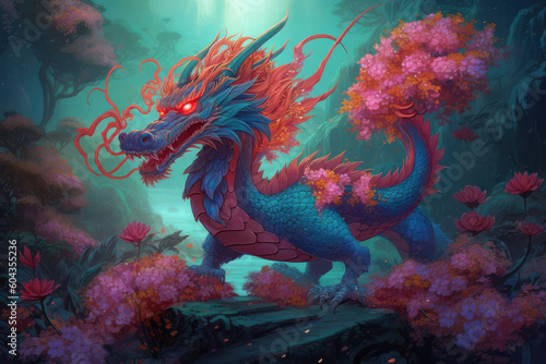 zodiac dragon with lanterns and cherry blossoms in background, chinese new year, generative AI © Kien
