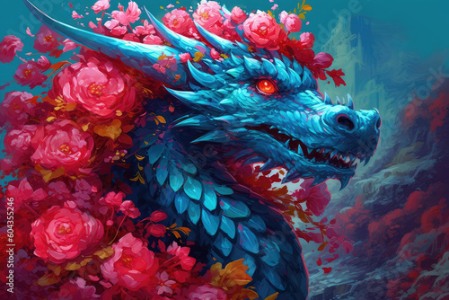 zodiac dragon with lanterns and cherry blossoms in background, chinese new year, generative AI