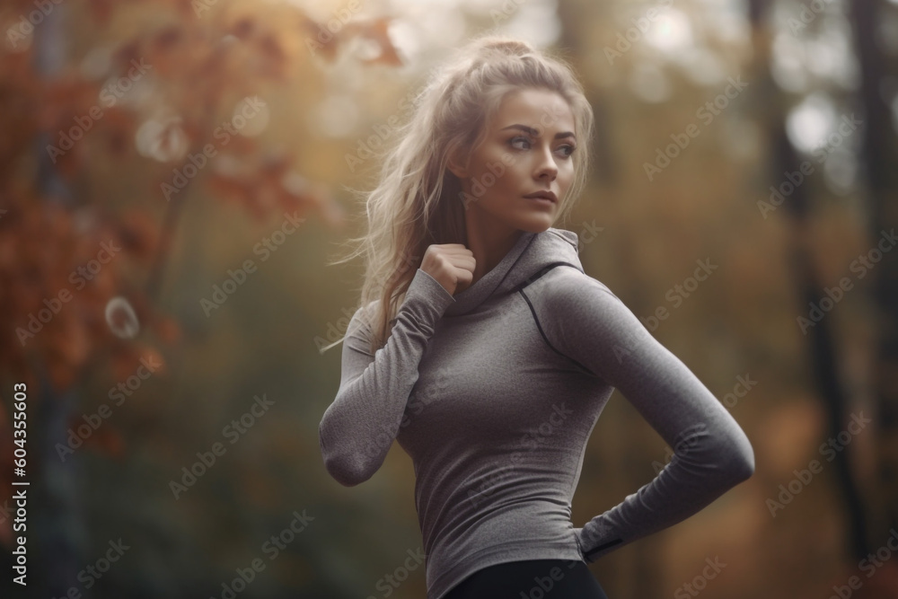 Young woman with curly hair stretching in the park. Healthy living, exercise in nature. High quality photo Generative AI