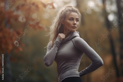 Young woman with curly hair stretching in the park. Healthy living, exercise in nature. High quality photo Generative AI