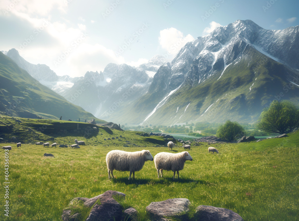 Flock of sheep grazing on green pasture in mountains. Landscape of sheep herd eating grass during bright summer day with high mountains in background. Generative AI