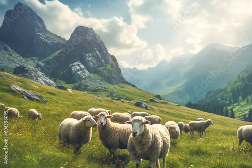 Flock of sheep grazing on green pasture in mountains. Landscape of sheep herd eating grass during bright summer day with high mountains in background. Generative AI