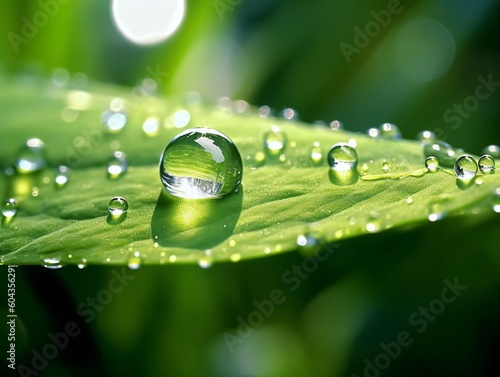 Beautiful water drops sparkle in sun on leaf in sunlight, macro. Big droplet of morning dew outdoor, beautiful round bokeh