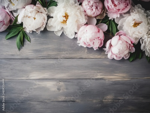 Decorative floral backgro  banner made of pink and white peonies flowers. Old grey wooden table background. Empty copy space. Flat lay  top view. Picture for blog. Summer wedding or birthday concept. 