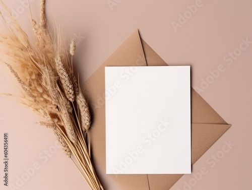 Wedding card boho style  birthday stationery composition. Blank greeting card  invitation mockup with brown envelope  dry grass  flat lay  top view. Copyspace 