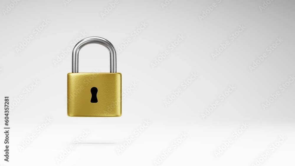 Metal Padlock Closed Spinning on a Studio Light Gray Background, Seamless Loop 3D Animation with Copy Space Metal Padlock Closed Spinning on a Studio Light Gray Background, Seamless Loop 3D Animation with Copy Space