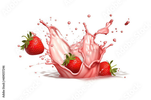 Milk or Yogurt Splash with Fresh Strawberries on Solid White Background, created with Generative AI