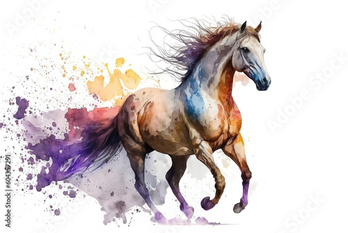 Beautiful horse running isolated on white  watercolor illustration  generative AI