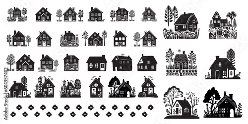 Set of domestic home vector quirky graphics. Collection of folk art style rural house and woodland clip art in hand carved linocut illustration. 