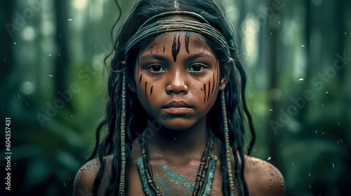Girl standing in the jungle with green tribal painting in the rainforest of Sumatra or Indonesia, indigenous Indian style, national geography photo strong emotional impact generative ai digital art