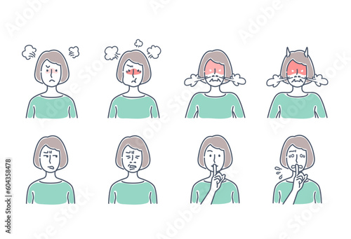 色々な感情や表情の女性アイコン（怒る、怒り、内緒、焦る、嫌がる）