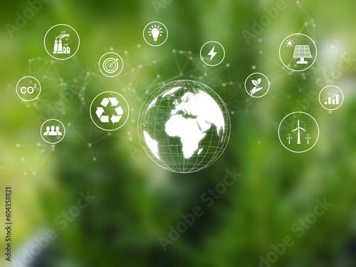 ESG environment concept, using renewable energy that is good for the planet The world's most sustainable environmentally friendly technology on a green blurred background