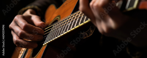 Close-up shot of a person playing guitar. Highlighting the musical activity perceived as a way to overcome boredom. Generative AI photo