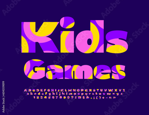 Vector colorful banner Kids Games with bright pattern Font. Artistic Alphabet Letters, Numbers and Symbols set